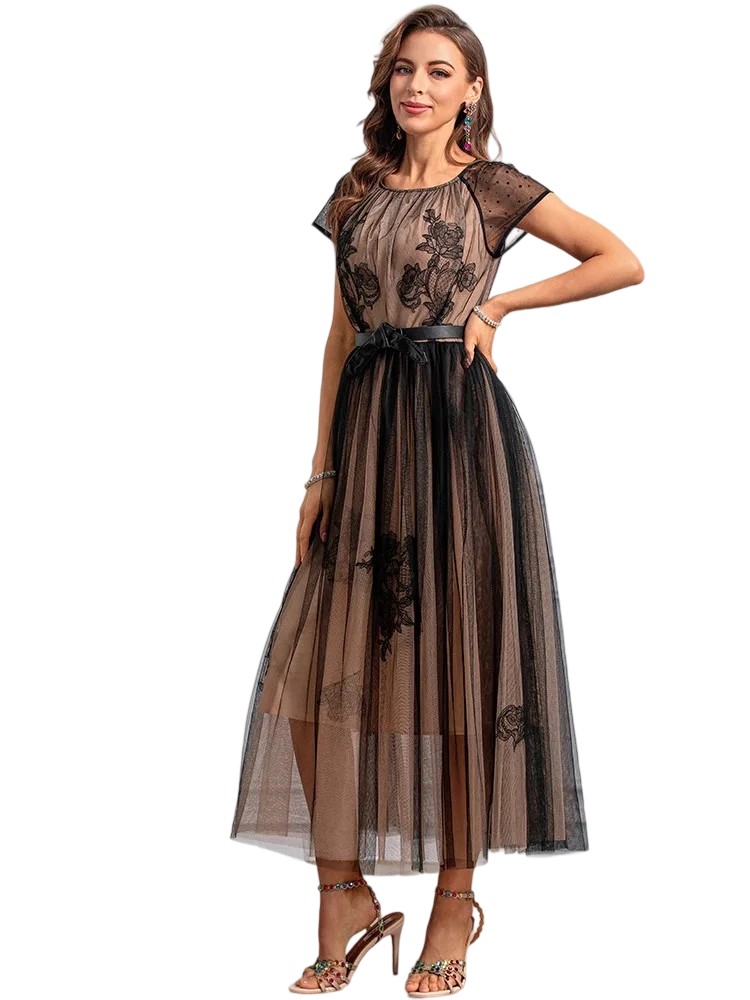 Luxury Vintage Flowers Embroidery Net Dress