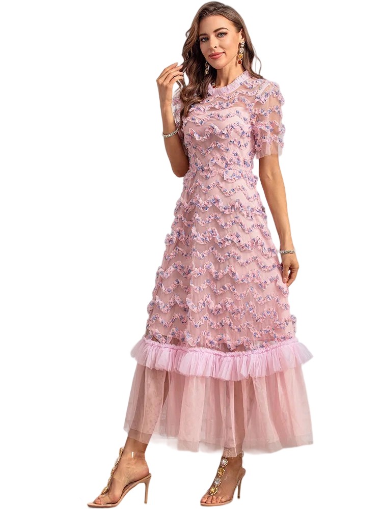Summer Bohemian Floral Net Ruffle Princess Dress