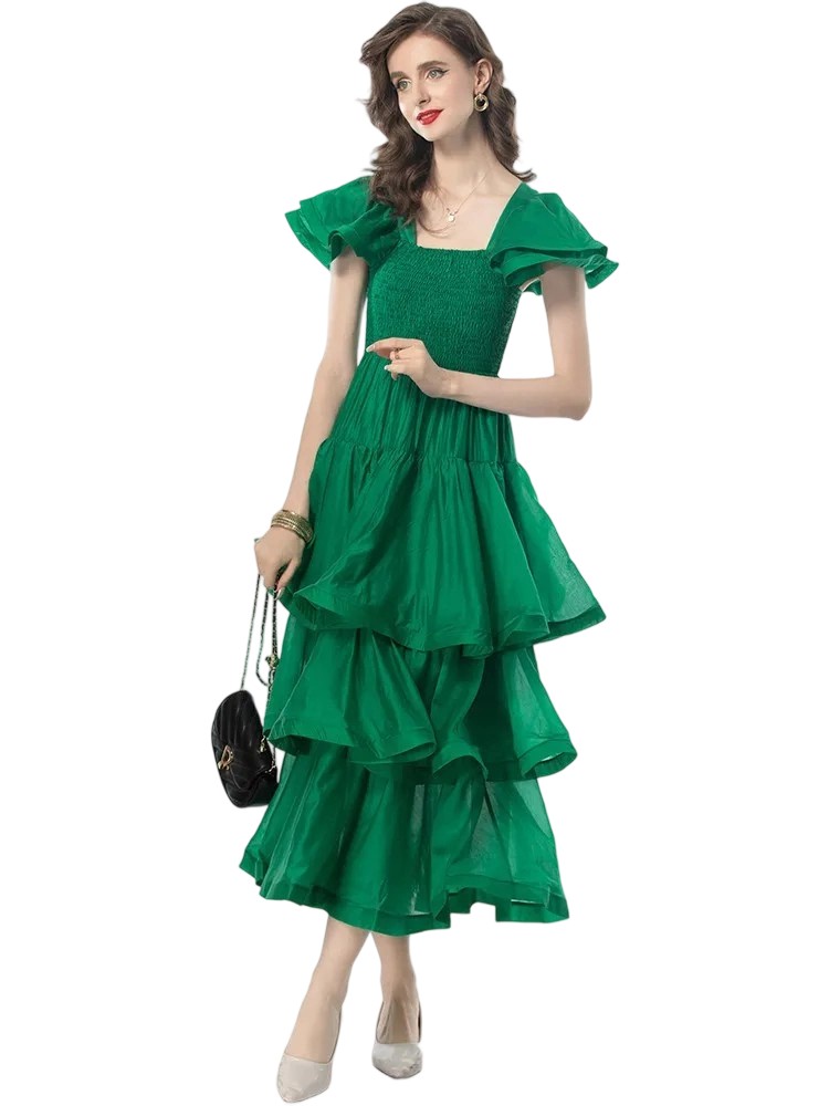 Runway Designer Vintage Solid Ruffle Dress