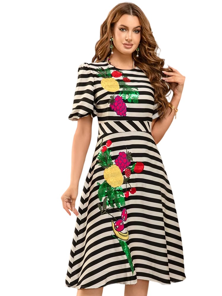 Spring/Summer Rural Style Contrast Striped A-line Dress