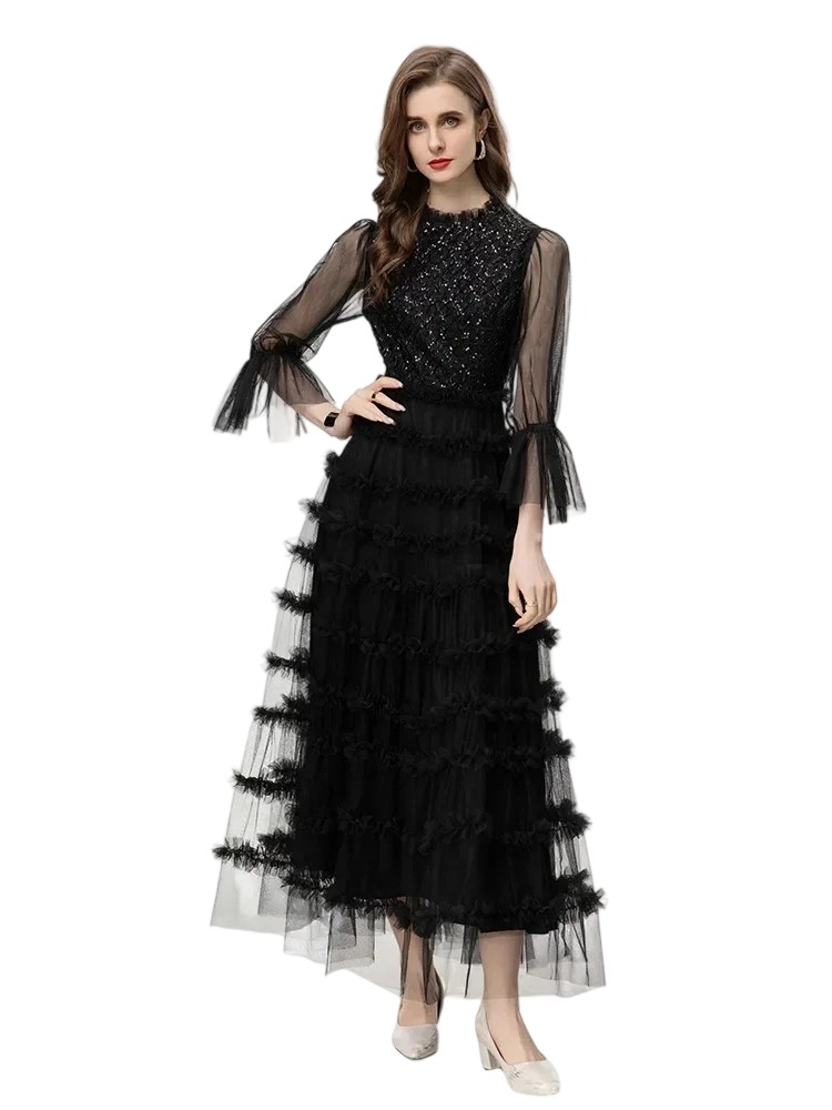 Luxury Pearls Beading Net Ruffle Party Dress