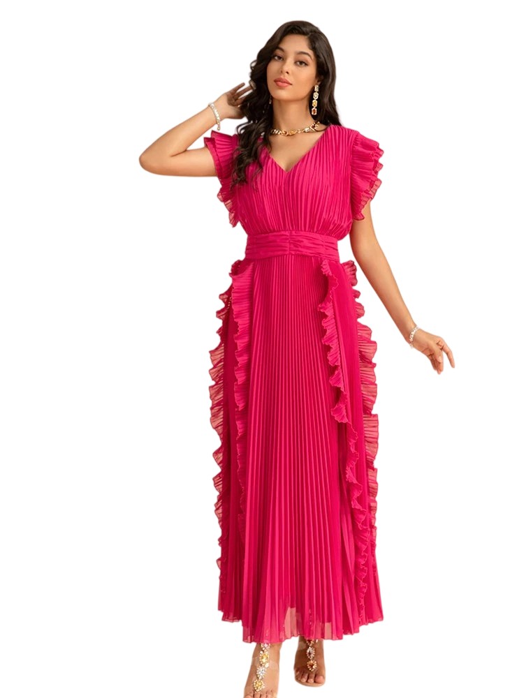 Euro-US Style V-neck Sleeveless Rose Red Banquet Dress