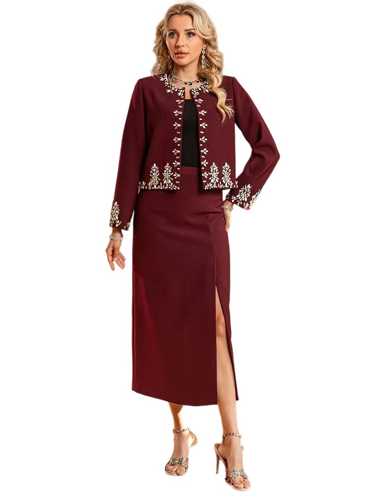 Spring Elegant Handmade Beaded Cardigan Split Skirt Set