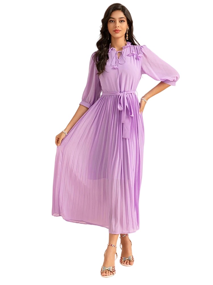 Lace Collar Mid-sleeve 3D Flower Purple Chiffon Holiday Dress