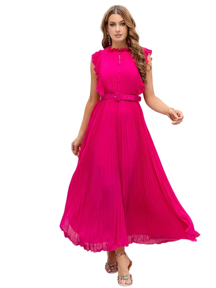 Summer New High-end Waist Cinched Ruffle Big Swing Pleated OL Dress