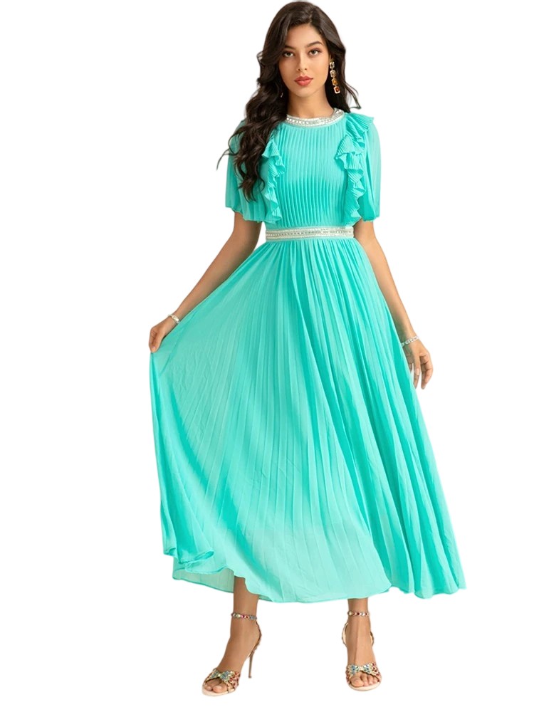 Summer Euro-US Elegant Nail Ruffled Pleats Large Swing Dress