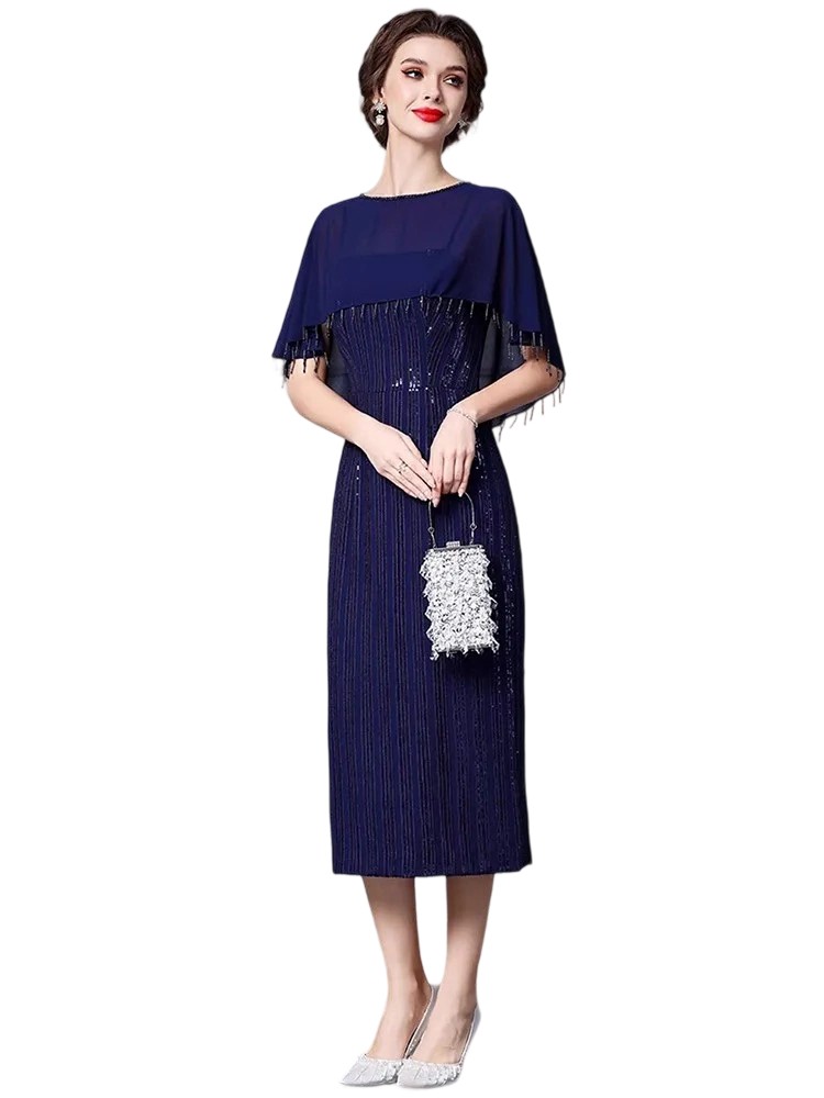 Summer Straight Dress Cloak Sleeves Beading Tassel Sequins Evening Dress
