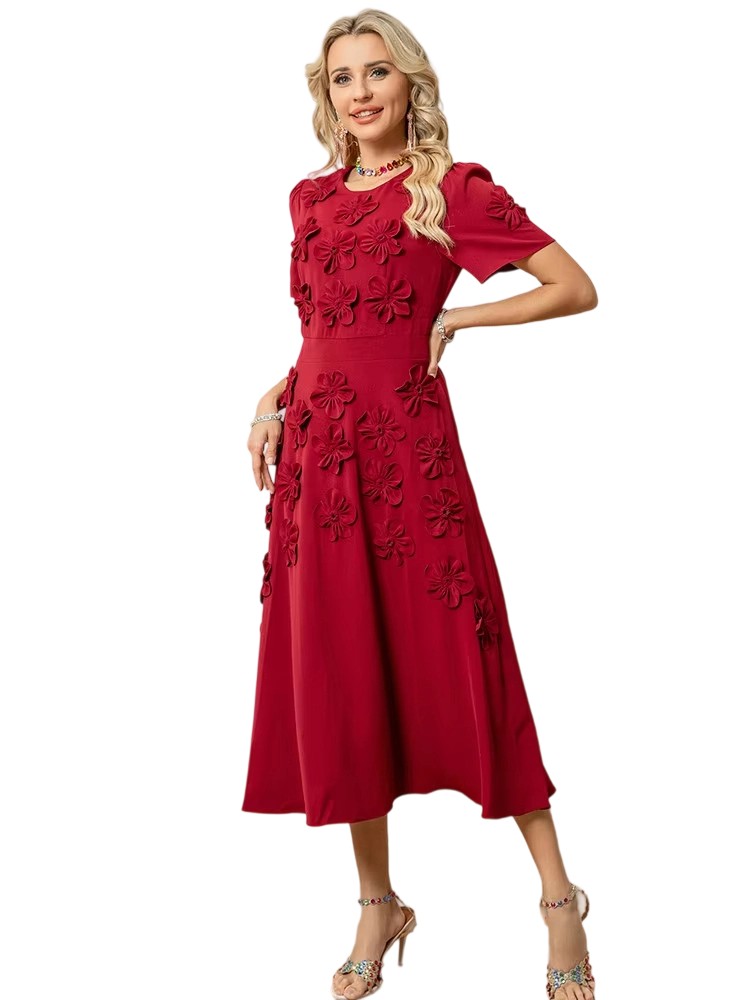 Spring/Summer New Round Neck Handmade 3D Decal Mid-length Dress