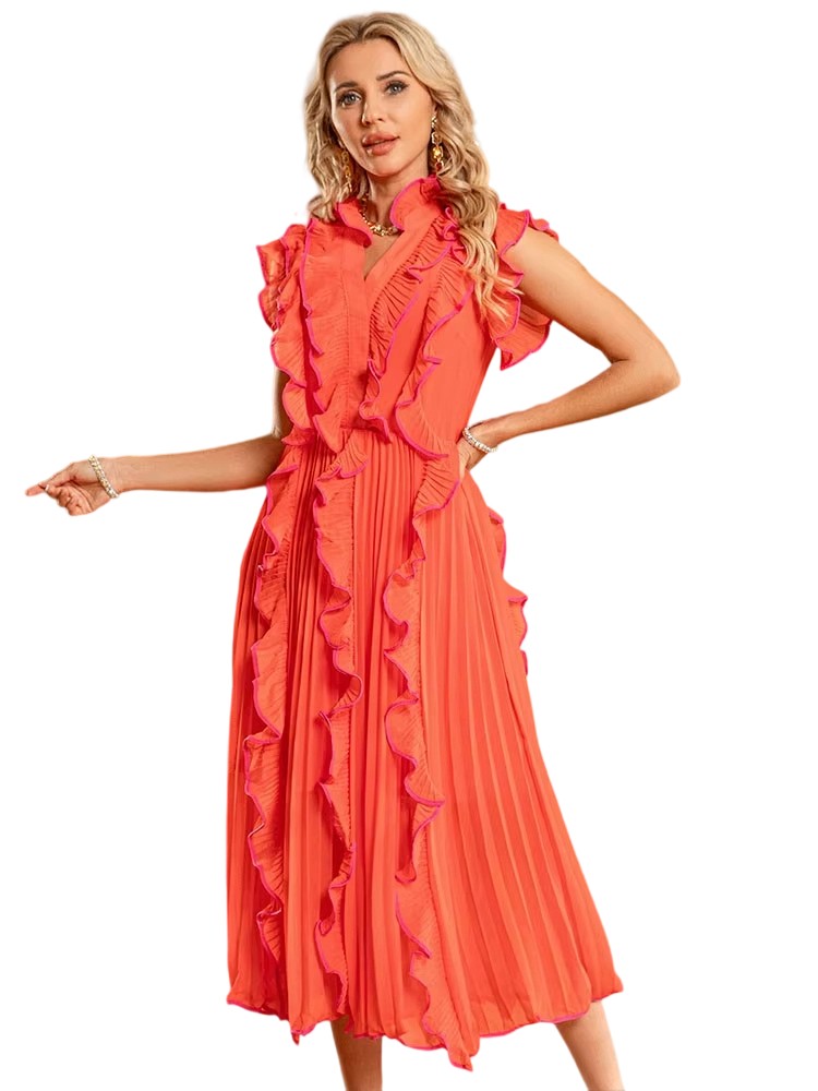 Spring/Summer Stand up Collar Heavy Ruffle Green Long Dress