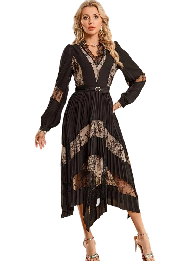 Summer New V-neck Lace Splicing Black Swing Dress