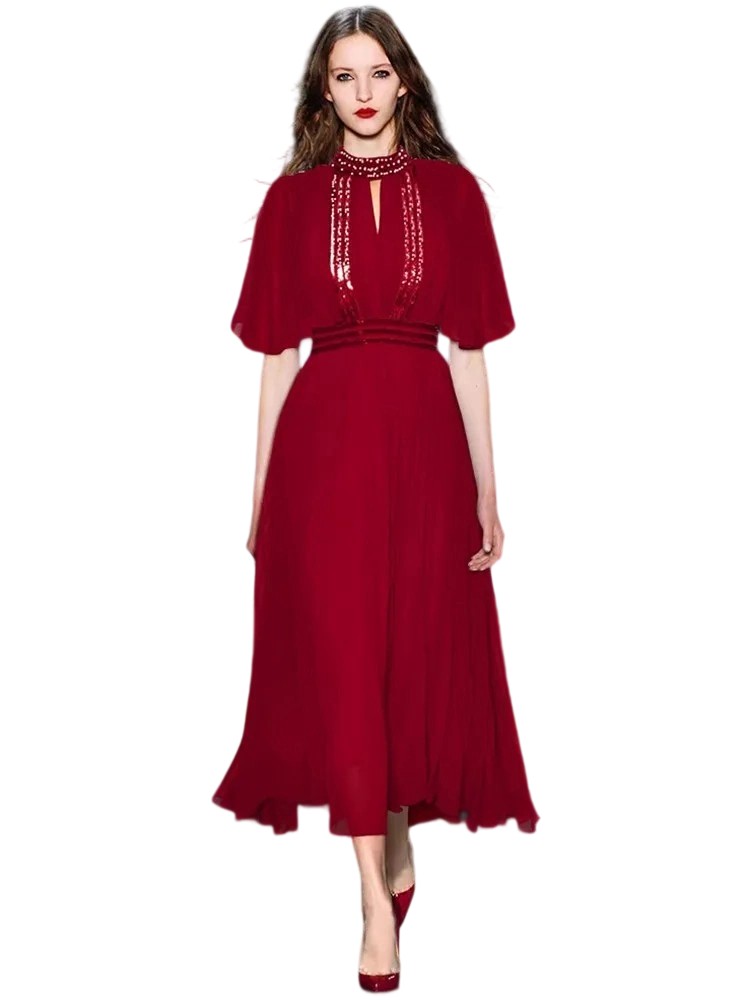 Summer Ball Gown Stand Collar Butterfly Sleeve Sequins Striped Dress
