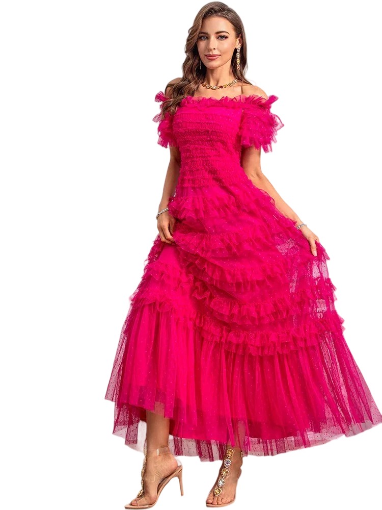 Luxury Designer Vintage Polka Dot Net Yarn Ruffle Dress