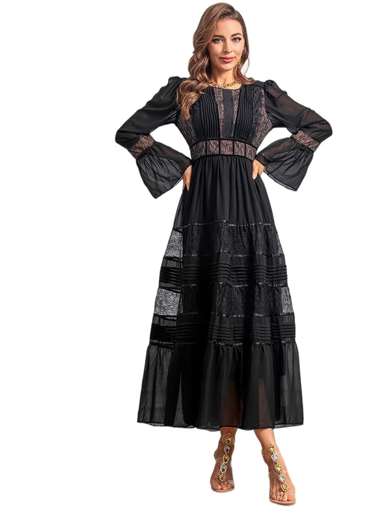 2024 Summer Vintage Lace Chiffon Embroidery Flare Sleeve Dress