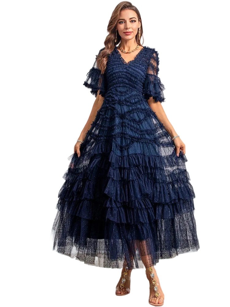 Summer Runway Vintage Polka Dot Net Yarn Backless Dress