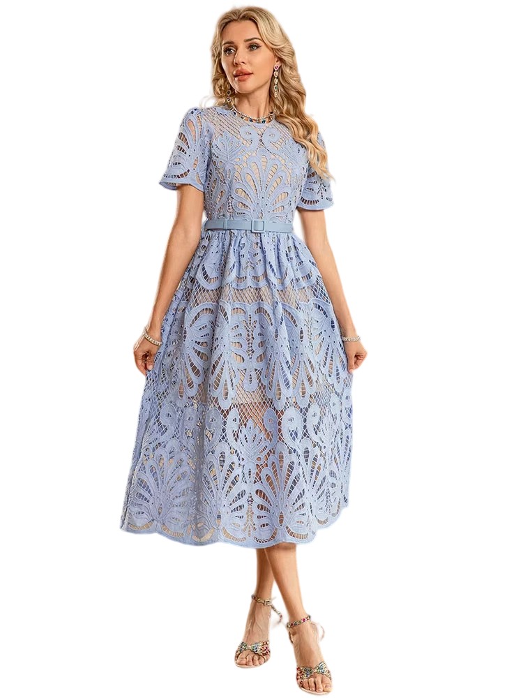Summer Blue Water soluble Flower Hollow Waist Mid-length Dress