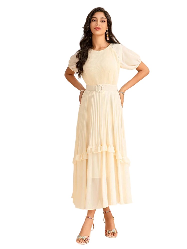 French Original Crewneck Pleated Luxury Long Dress