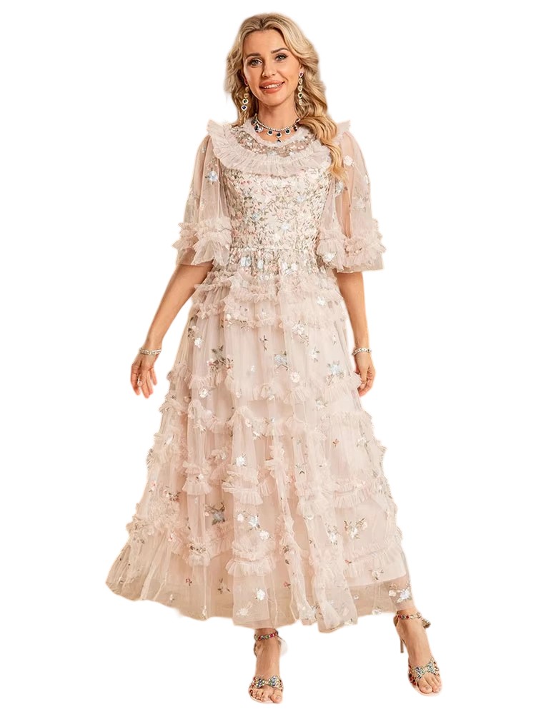 Spring/Summer New Round Neck Mesh Embroidered Flower Light Luxury Dress