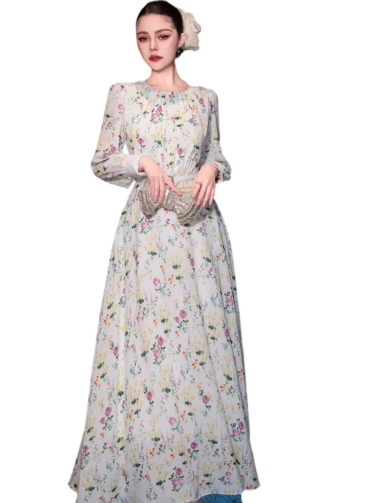 Spring and Summer Round Neck Velvet Lace Slim Dress