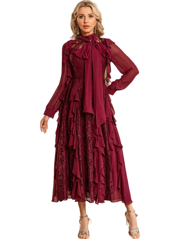 Spring/Summer New Long Sleeve Lace Ruffle Light Luxury Dress