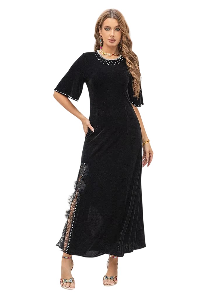 Round Neck Beaded Velvet Slim Dress