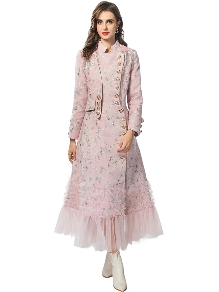 Autumn Winter Stand Collar Flounced Sequins Long Coat