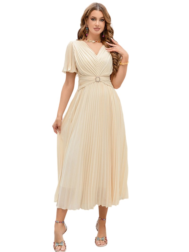 Summer New Sexy V-neck Bead Buckle Chiffon Big Swing Long Dress