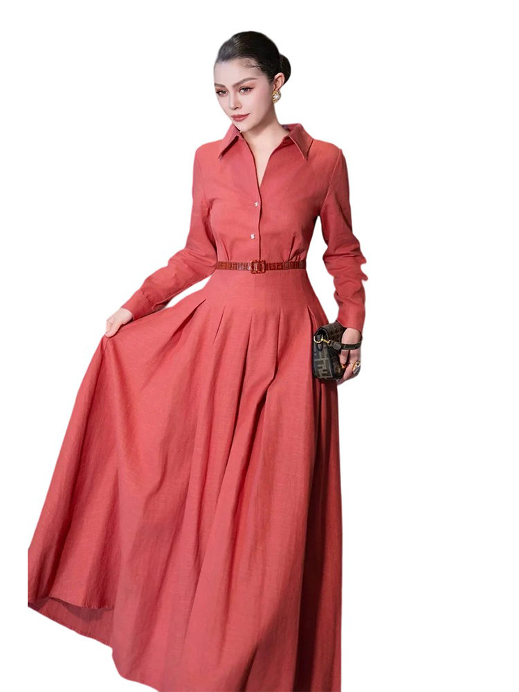 Autumn Winter Elegant Commuter Solid Linen Lace-UP Dress