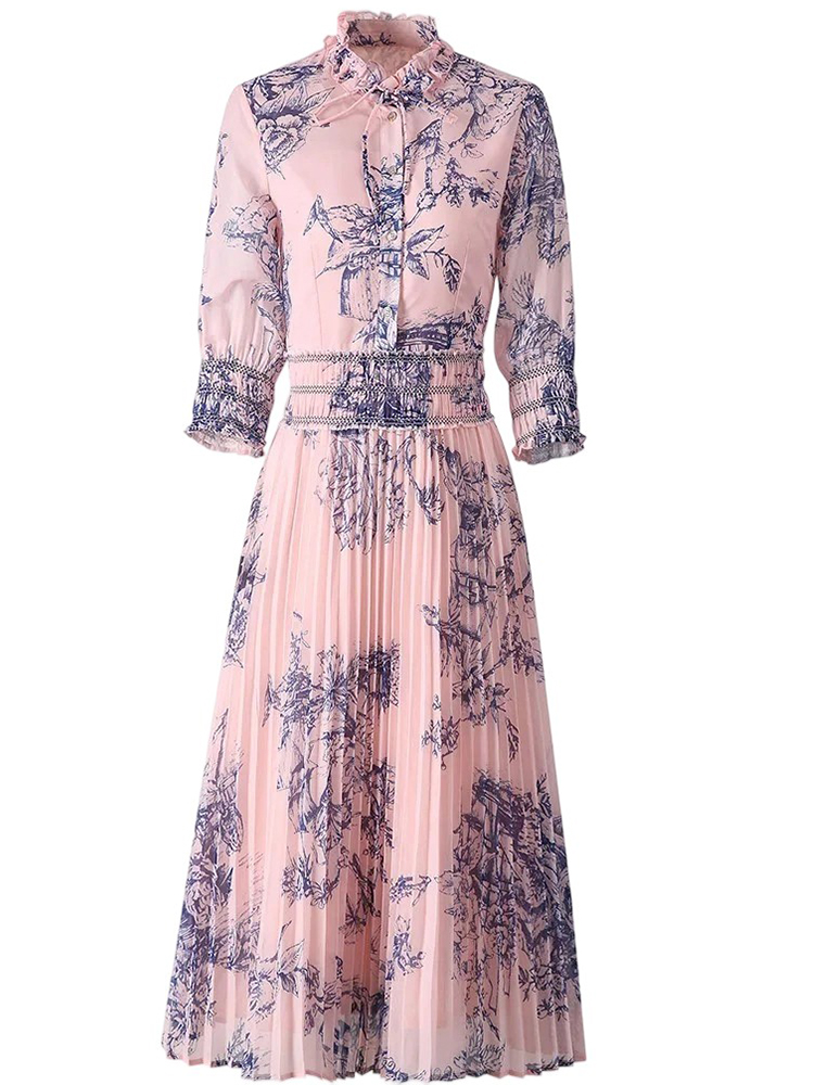 Autumn Winter Vintage Stand Collar Pleated Dress