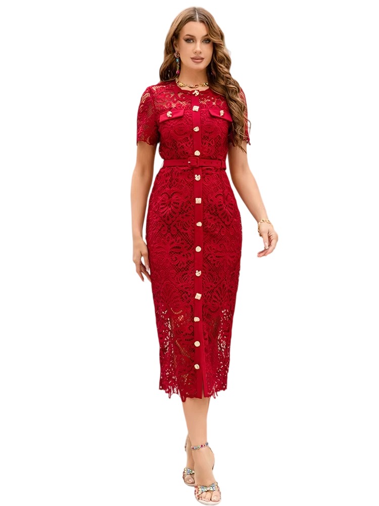 Summer New Round Neck Water soluble Flower Metal Buckle Hip Dress