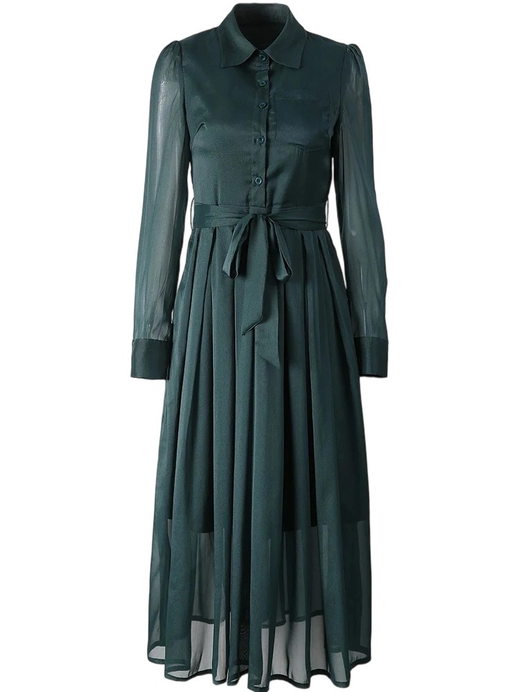 New Style Autumn Winter Turn-Down Collar Pleated Dress