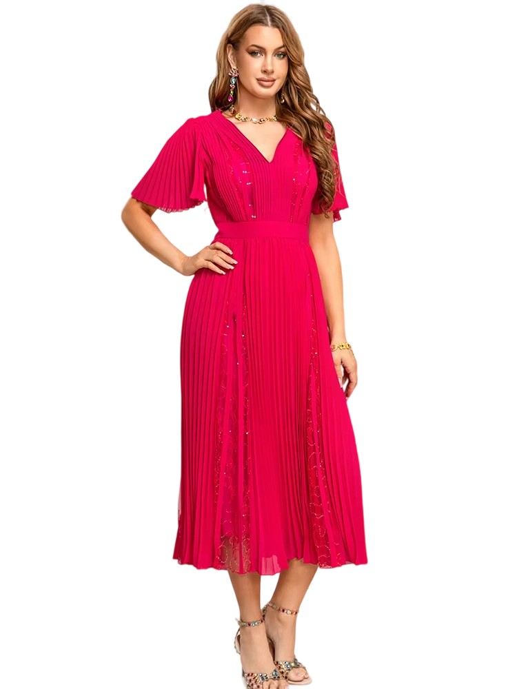 Summer New Crimson V-neck Sequin Horn Sleeve Dress