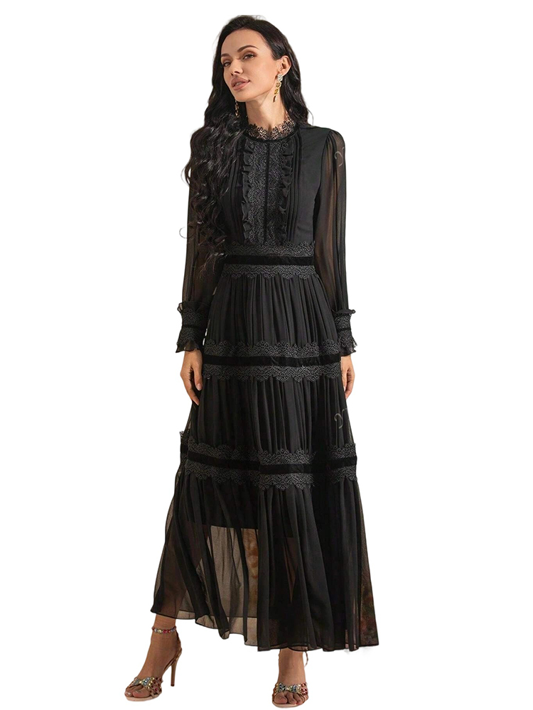Elegant Lace Applique Retro Chiffon Lantern Sleeve Swing Party Dress