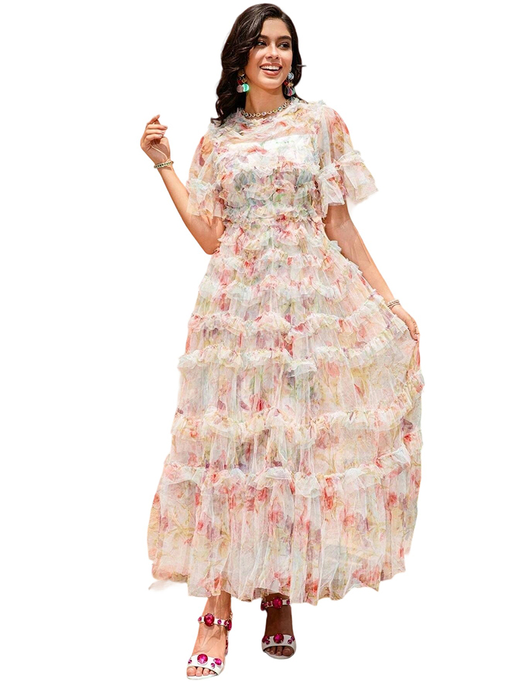 New Mesh Printed Heavy Car Flower Waisted Fairy Dress