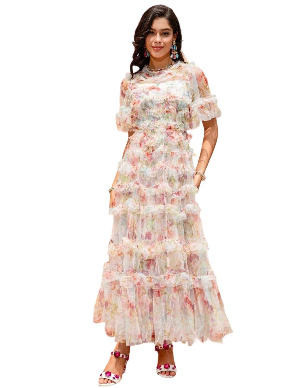 New Mesh Printed Heavy Car Flower Waisted Fairy Dress - Image 3