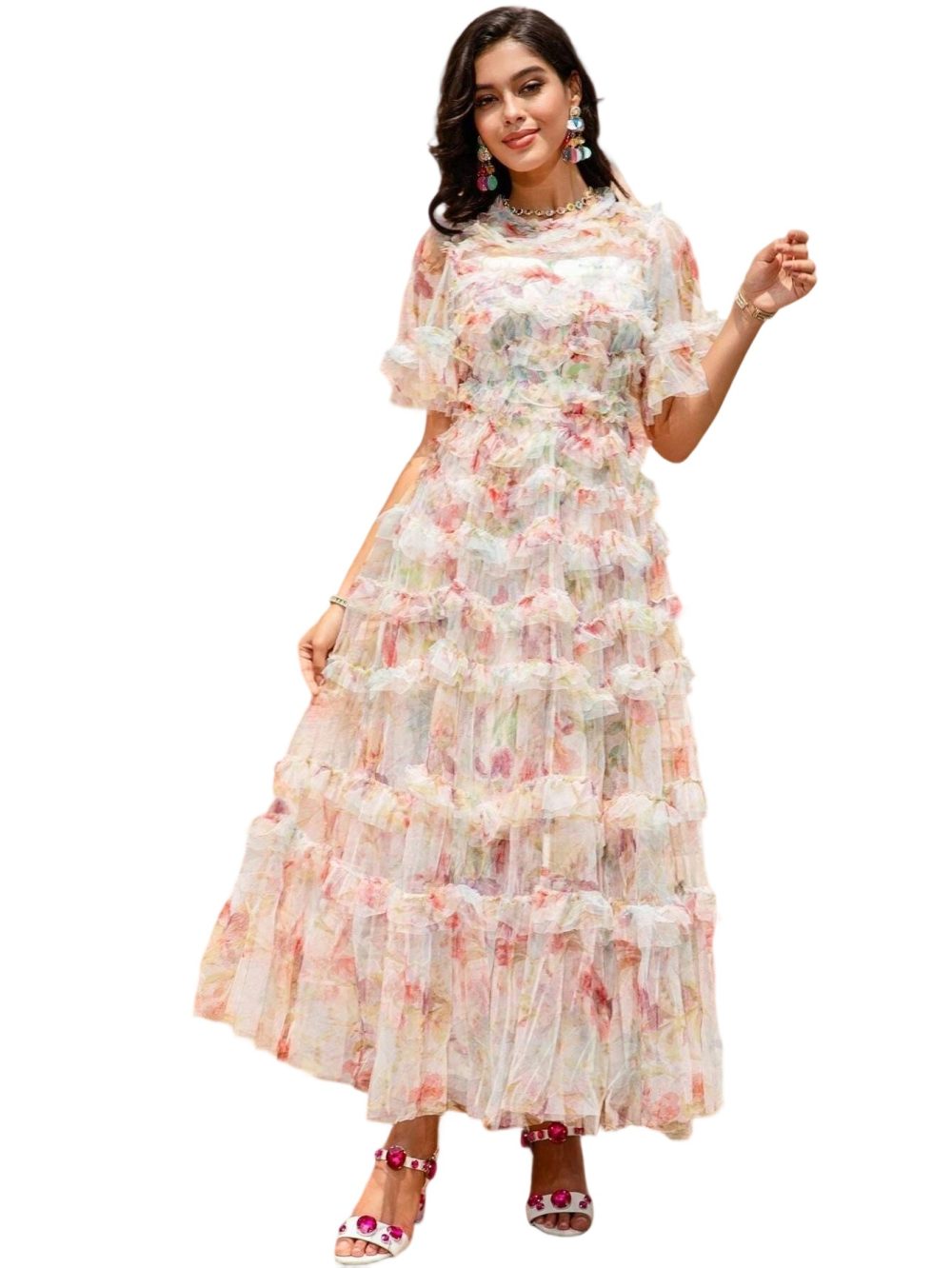 New Mesh Printed Heavy Car Flower Waisted Fairy Dress - Image 4