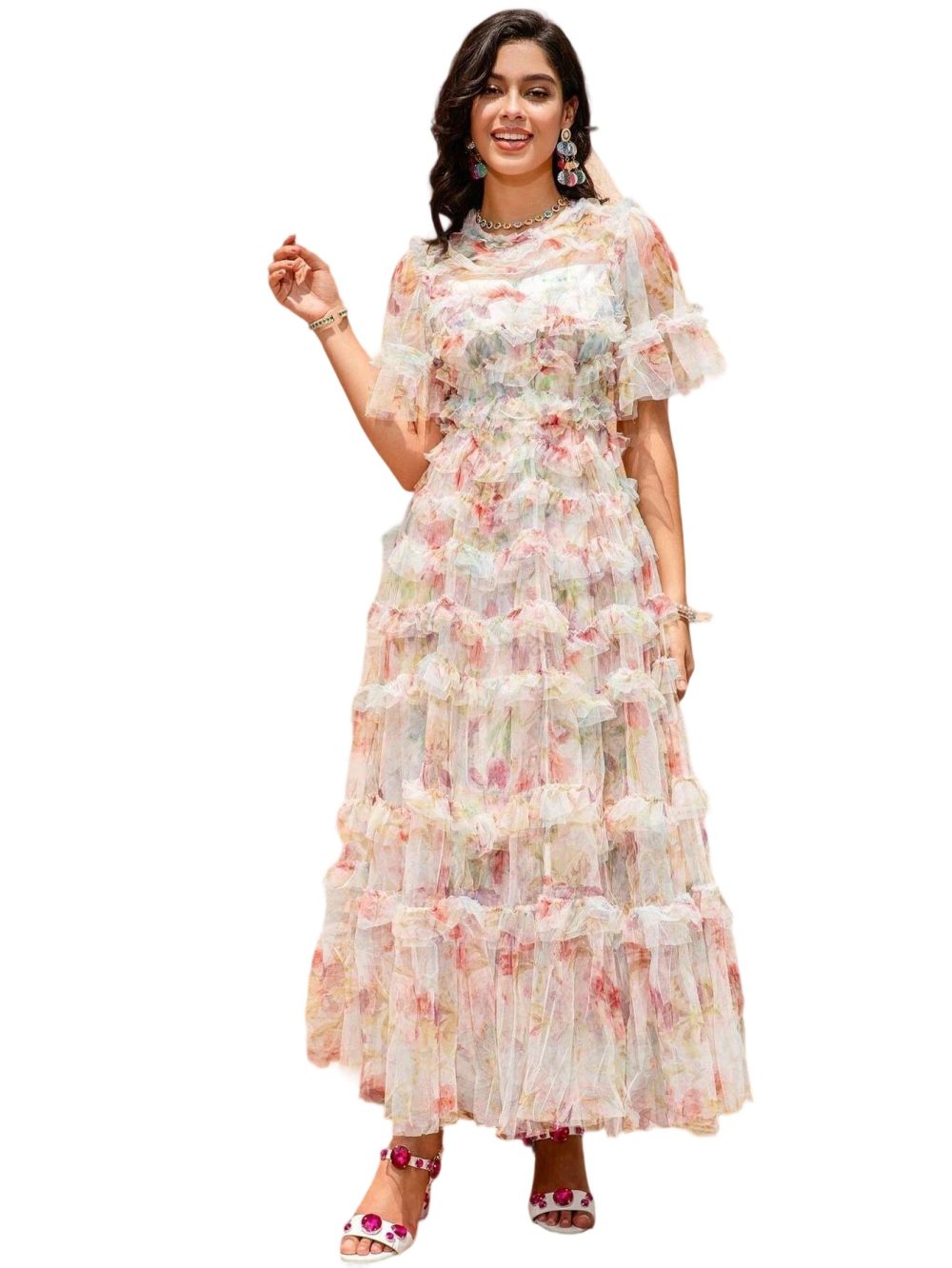 New Mesh Printed Heavy Car Flower Waisted Fairy Dress - Image 5