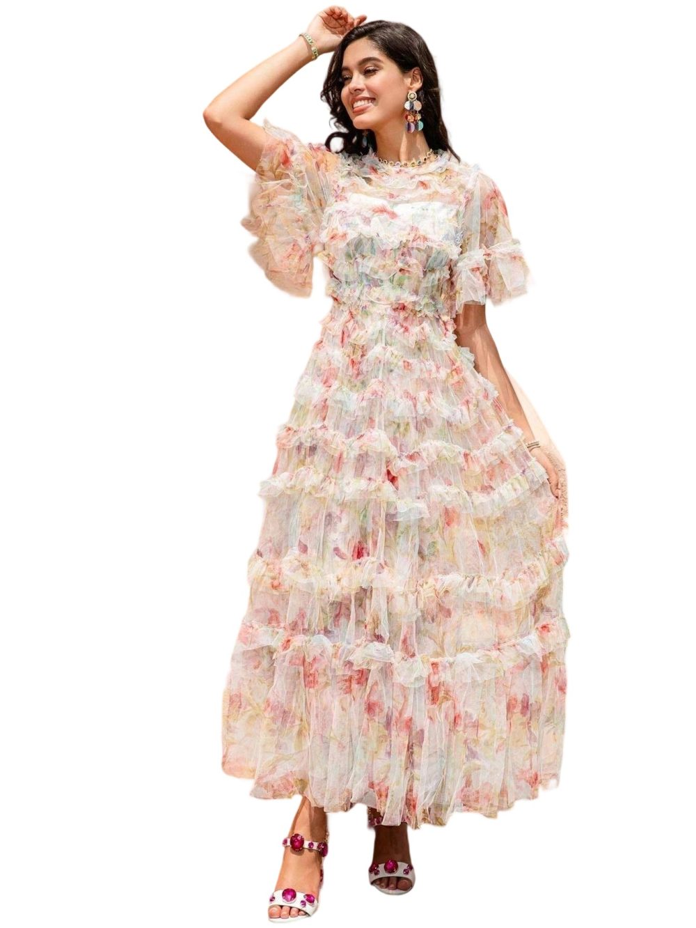 New Mesh Printed Heavy Car Flower Waisted Fairy Dress - Image 6