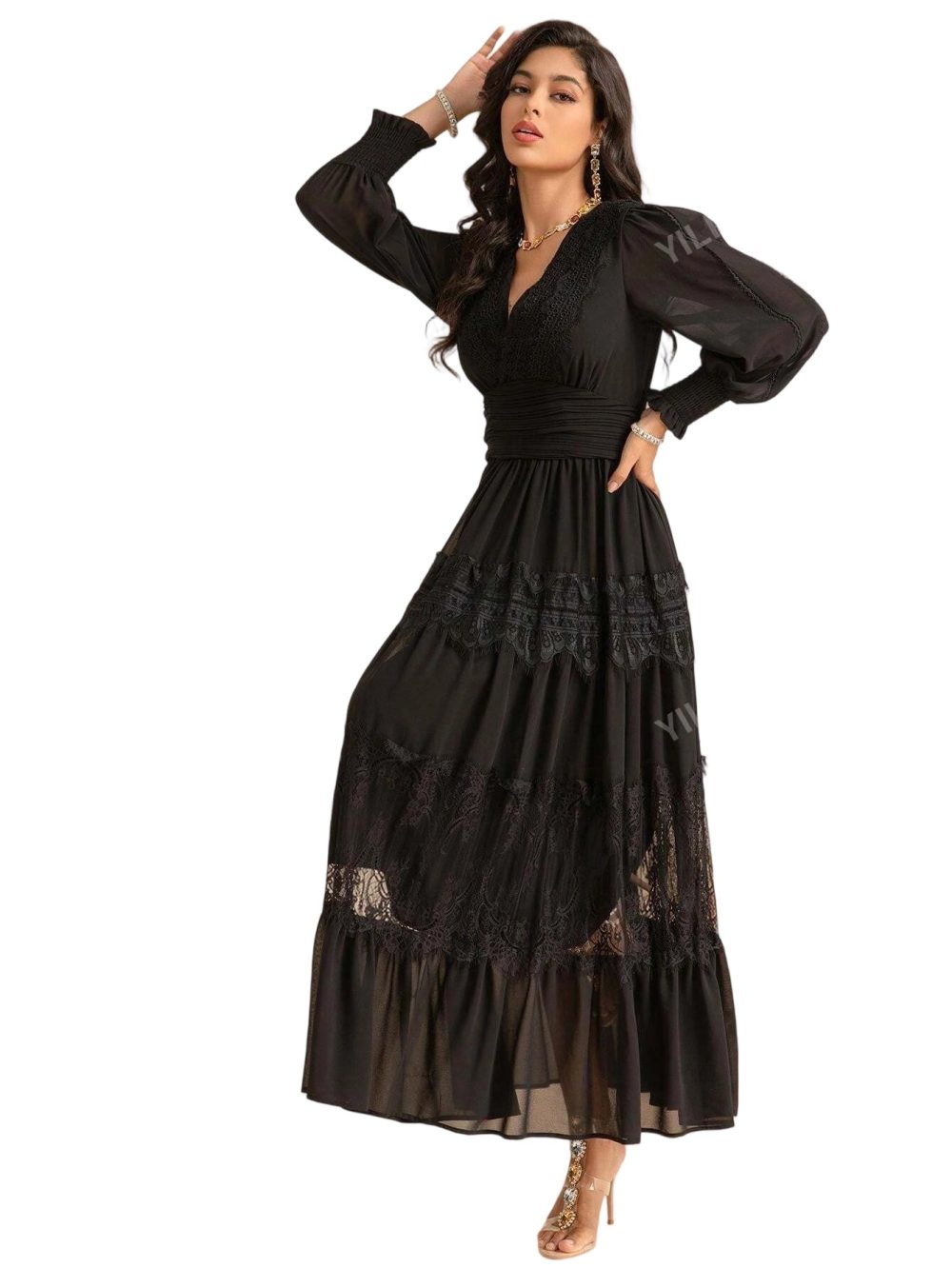 Deep V-Neck Lace Bubble Sleeve Ruched Swing Dress - Image 3