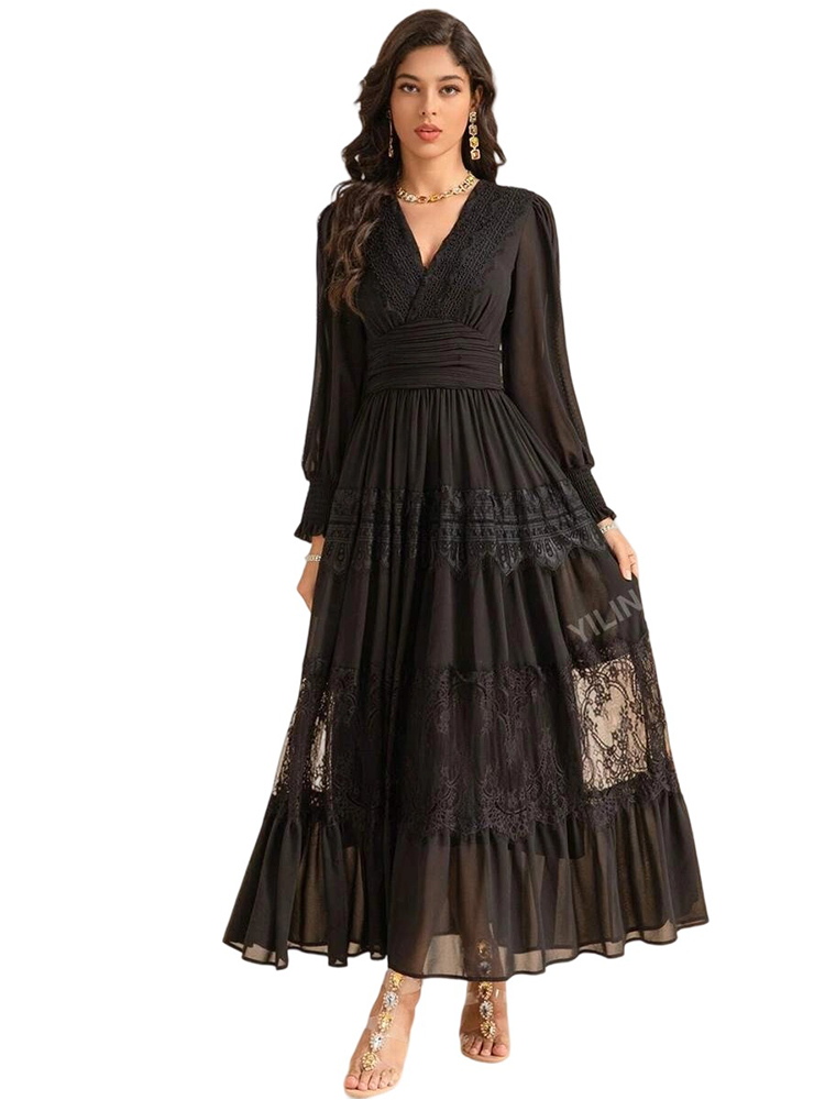 Deep V-Neck Lace Bubble Sleeve Ruched Swing Dress