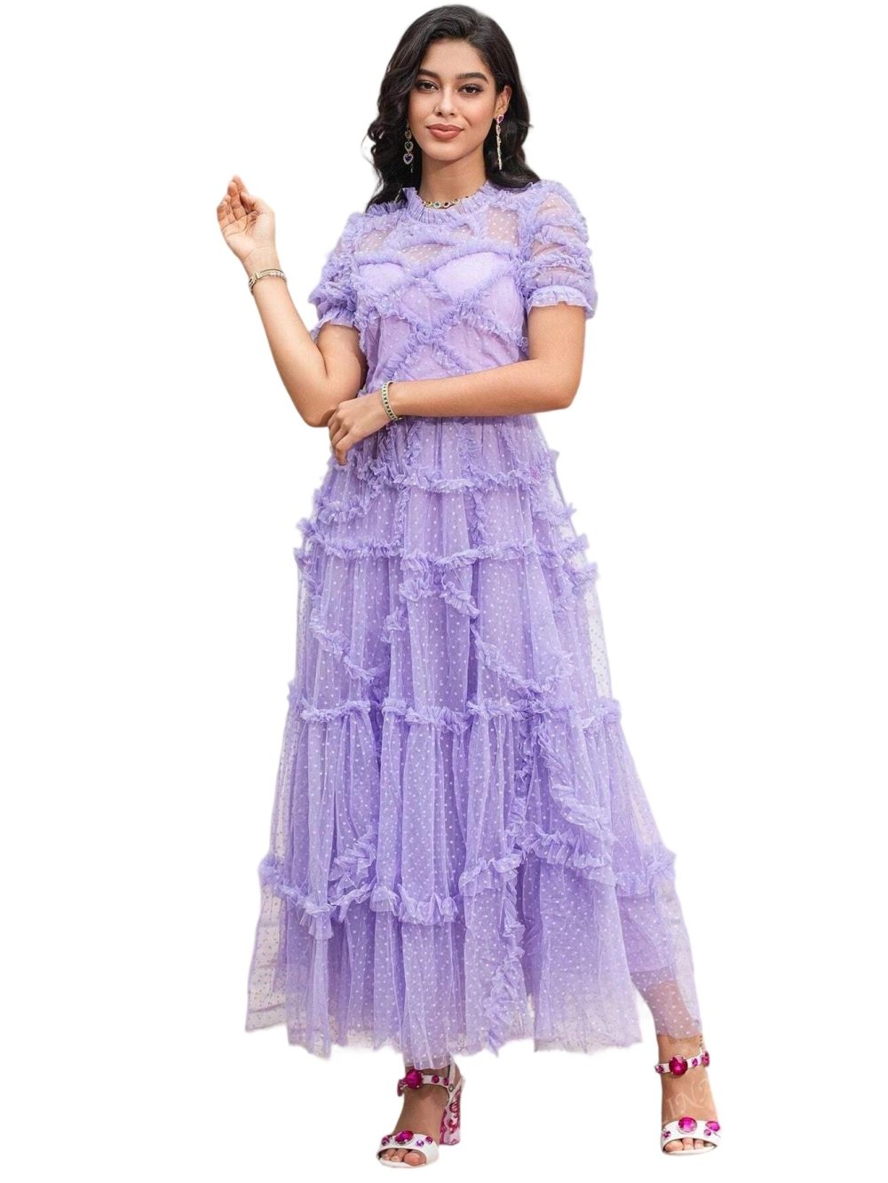 Mesh embroidered short-sleeved dress - Image 5