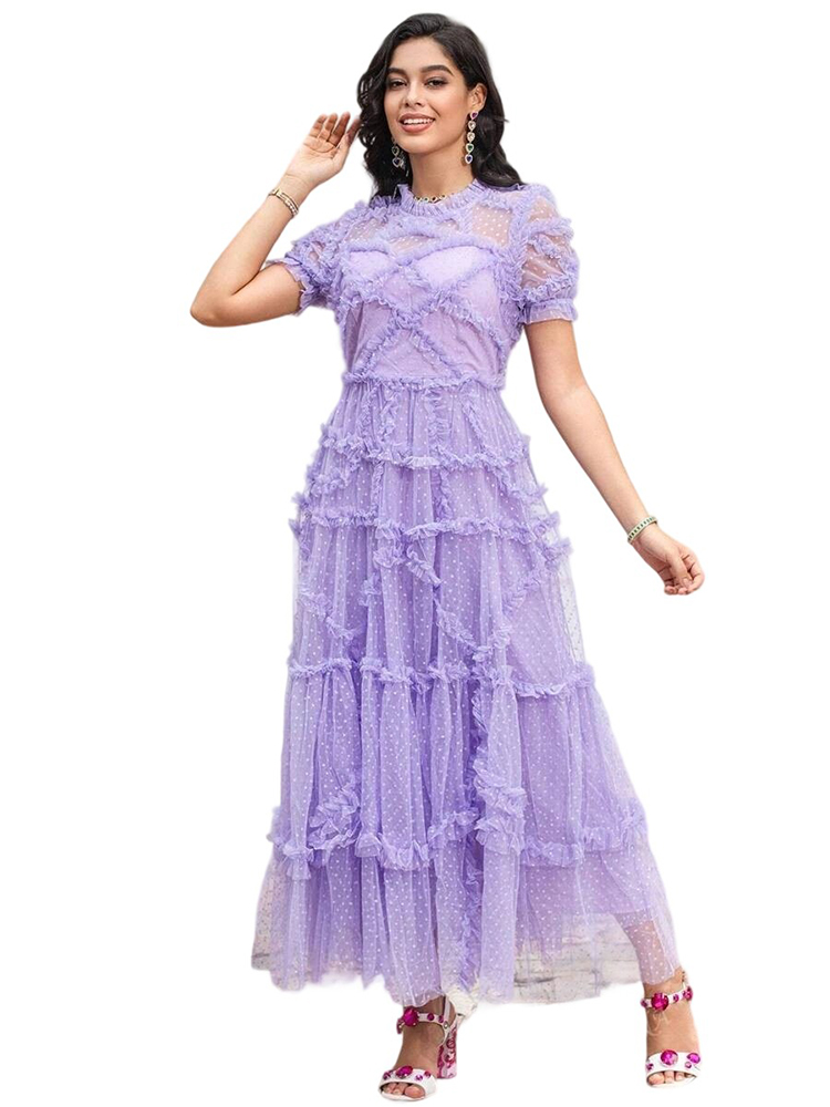 Mesh embroidered short-sleeved dress