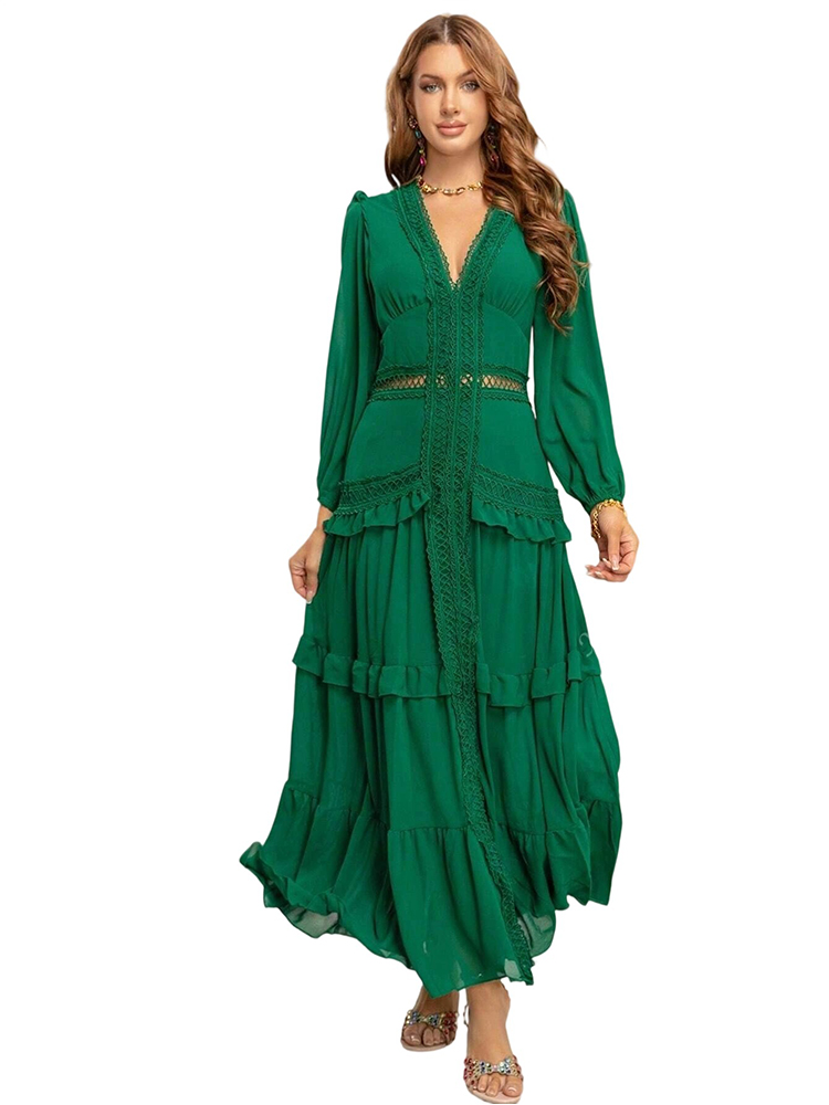Resort Deep V Lantern Sleeve Lace Split Dress