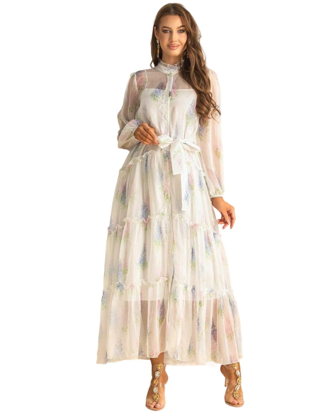Spring Autumn Small Collar Mesh Ruffle Fluffy Dress - Image 3