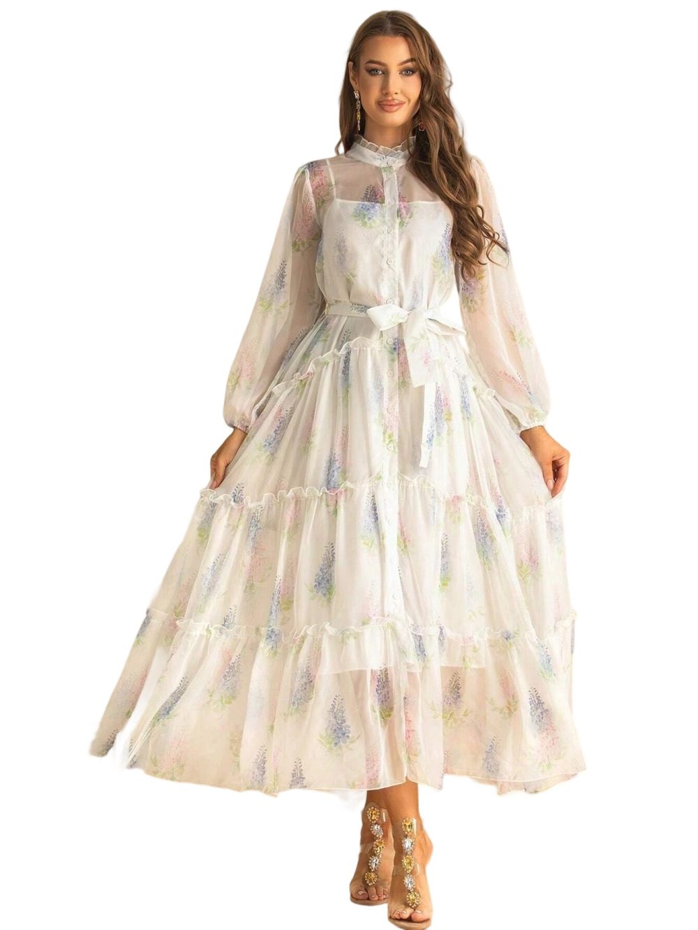 Spring Autumn Small Collar Mesh Ruffle Fluffy Dress - Image 4