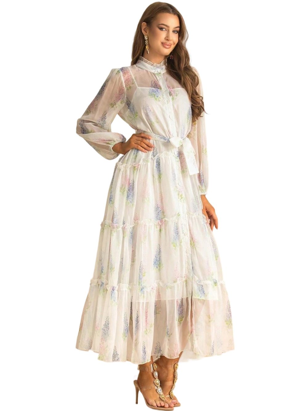Spring Autumn Small Collar Mesh Ruffle Fluffy Dress - Image 5