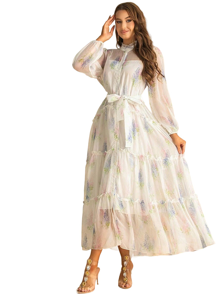 Spring Autumn Small Collar Mesh Ruffle Fluffy Dress