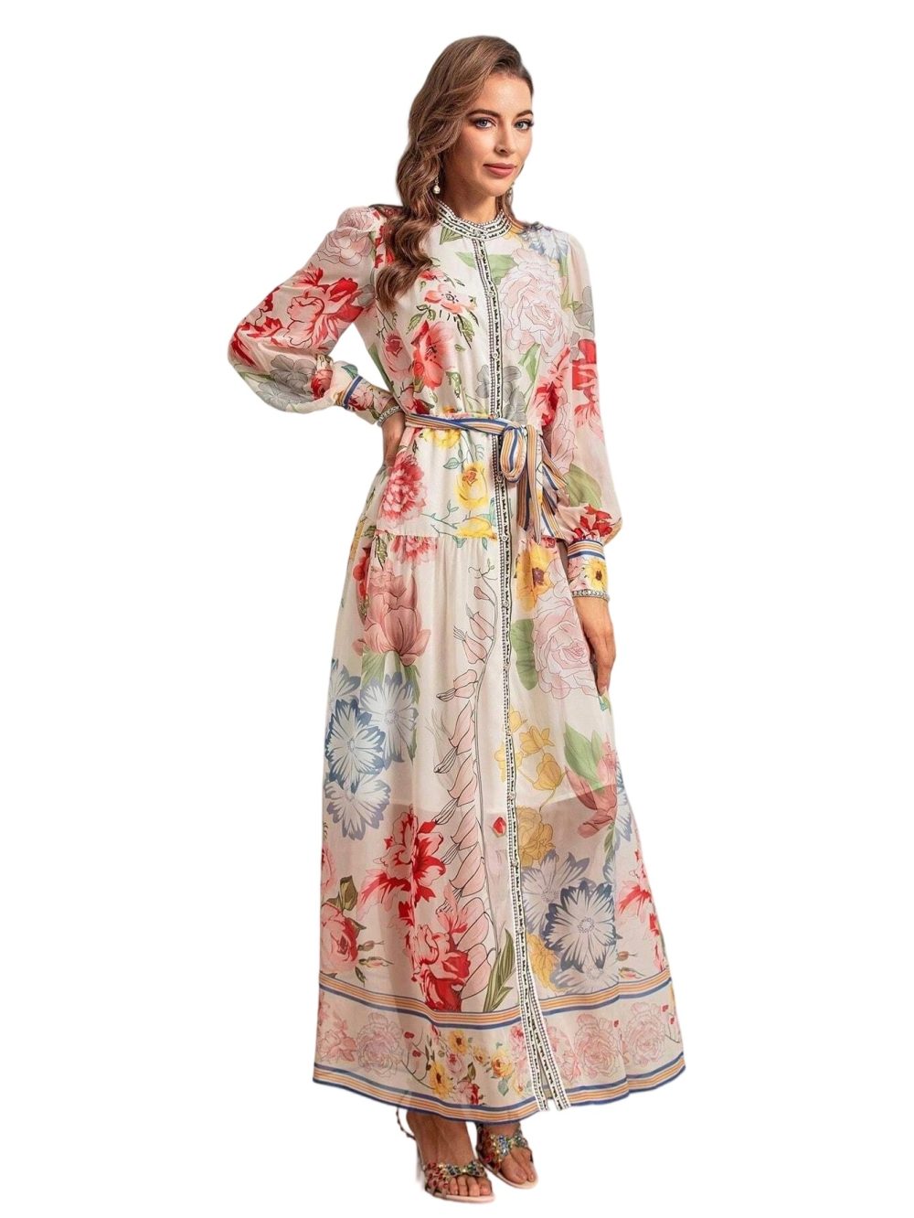 Summer Elegant Floral Print Belted Chiffon Dress - Image 3