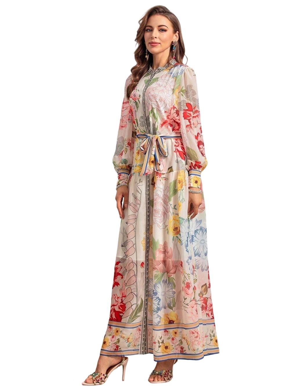 Summer Elegant Floral Print Belted Chiffon Dress - Image 4