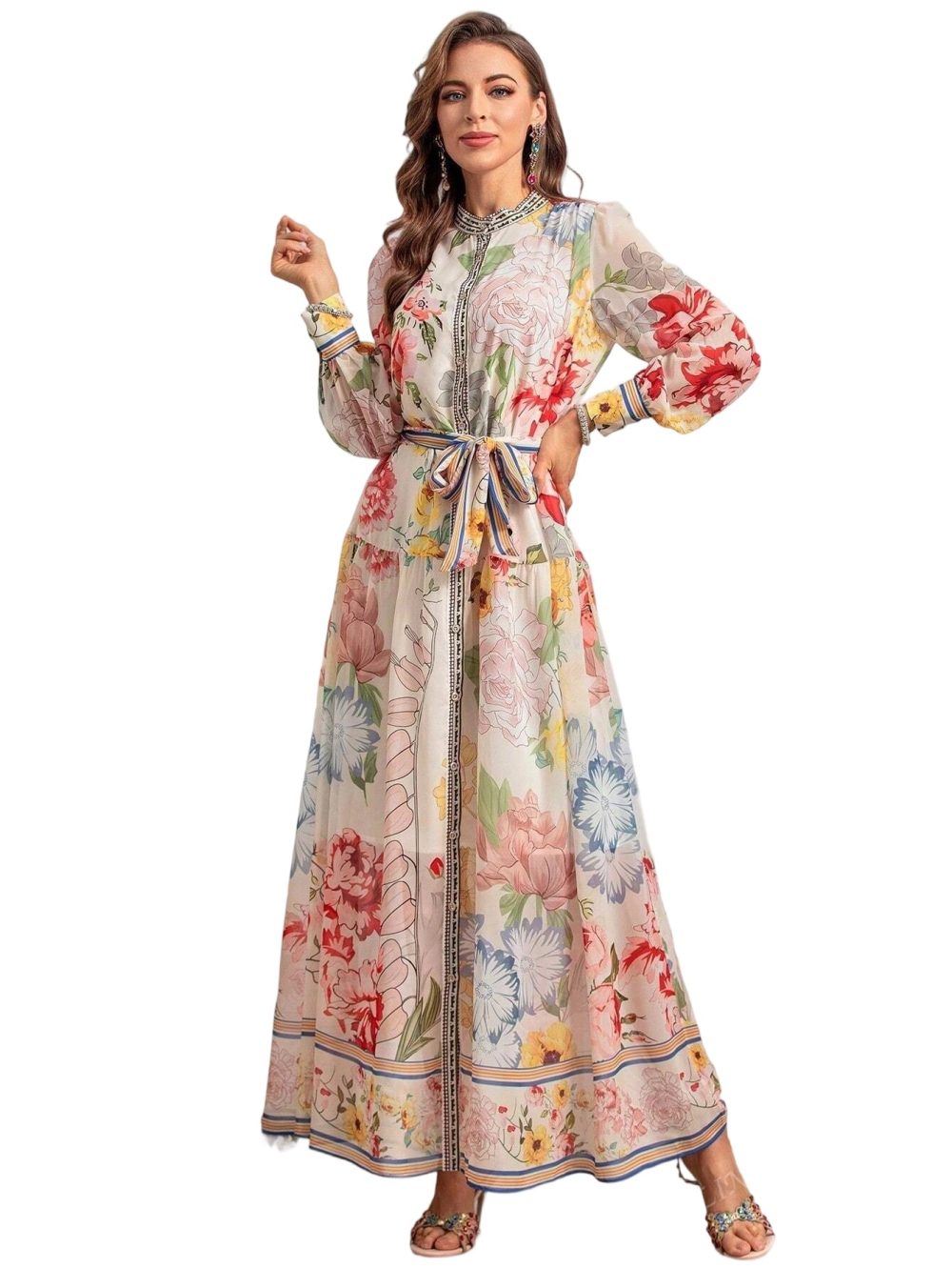Summer Elegant Floral Print Belted Chiffon Dress - Image 6