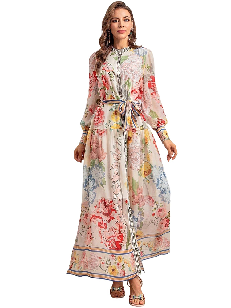 Summer Elegant Floral Print Belted Chiffon Dress